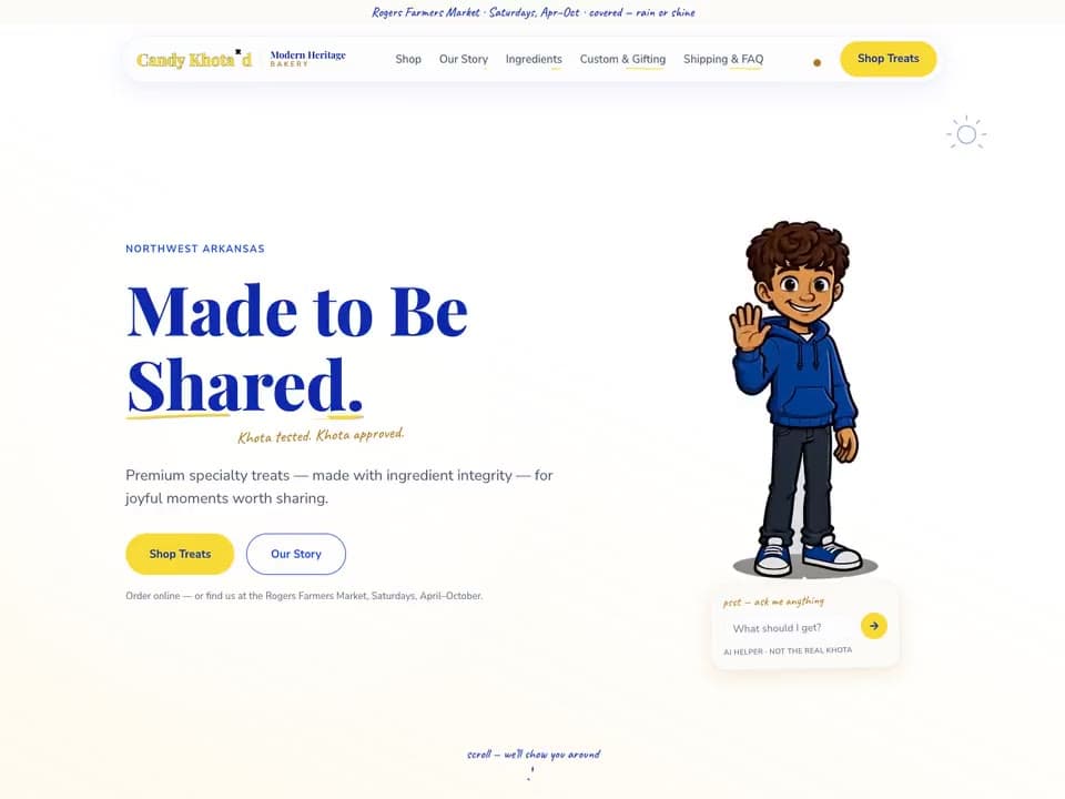 Scrolling down the Candy Khota'd home page: the Made to Be Shared headline and the illustrated Khota character, then the story, ingredients and flavor sections.