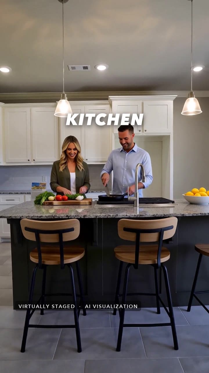 A frame from a vertical AI listing video: a white kitchen with a dark island where an AI-generated couple cooks, labeled Kitchen, and Virtually staged, AI visualization.