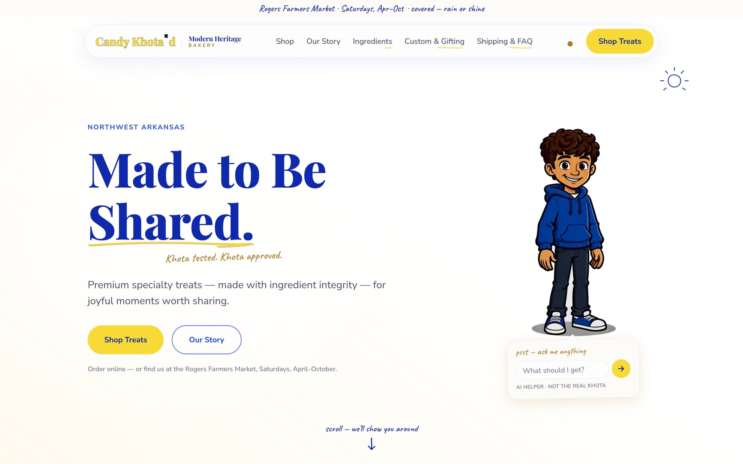 Candy Khota'd home page on desktop, with the headline "Made to Be Shared." beside an illustrated boy in a blue hoodie, Shop Treats and Our Story buttons, and a small "ask me anything" AI helper box under the character.